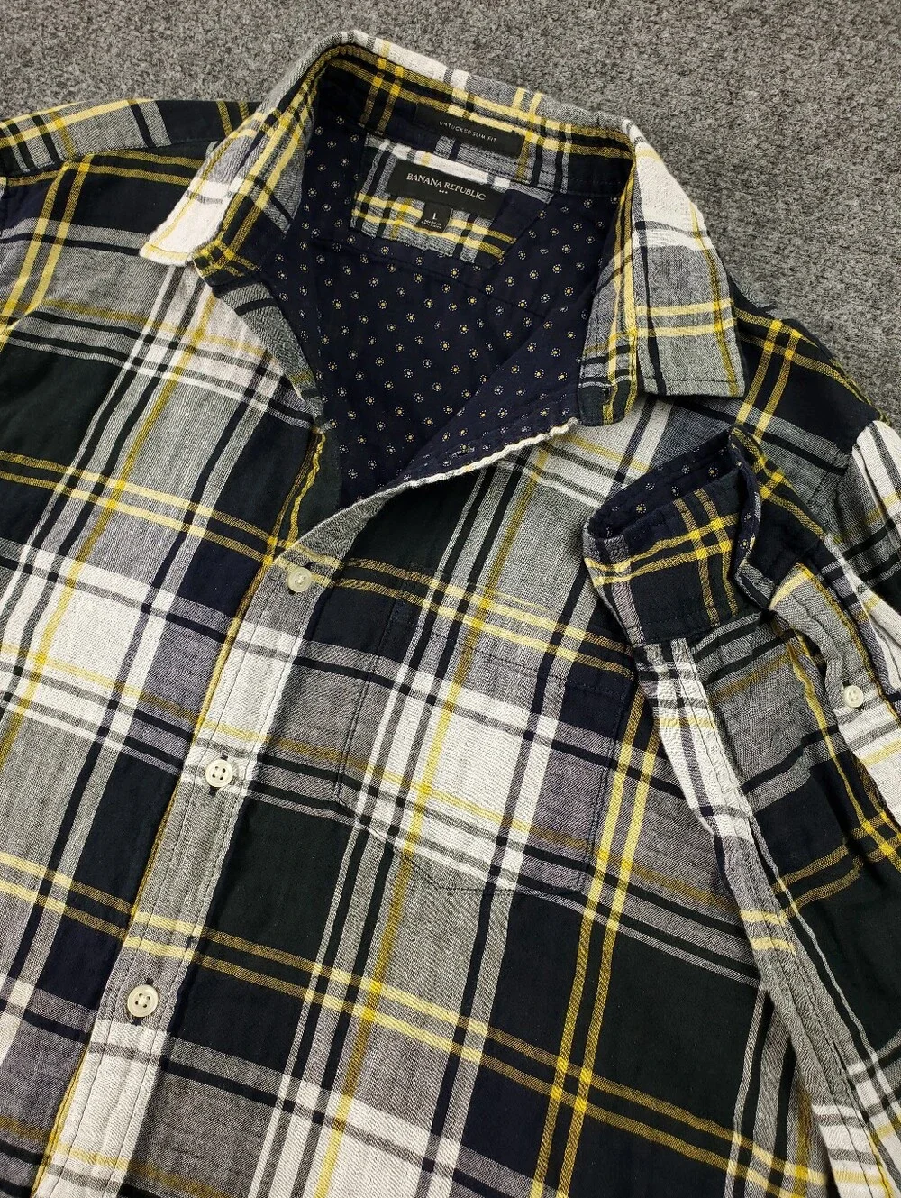 Banana Republic Untucked Slim Fit Shirt Large Double Faced Flip Up Yellow Plaid